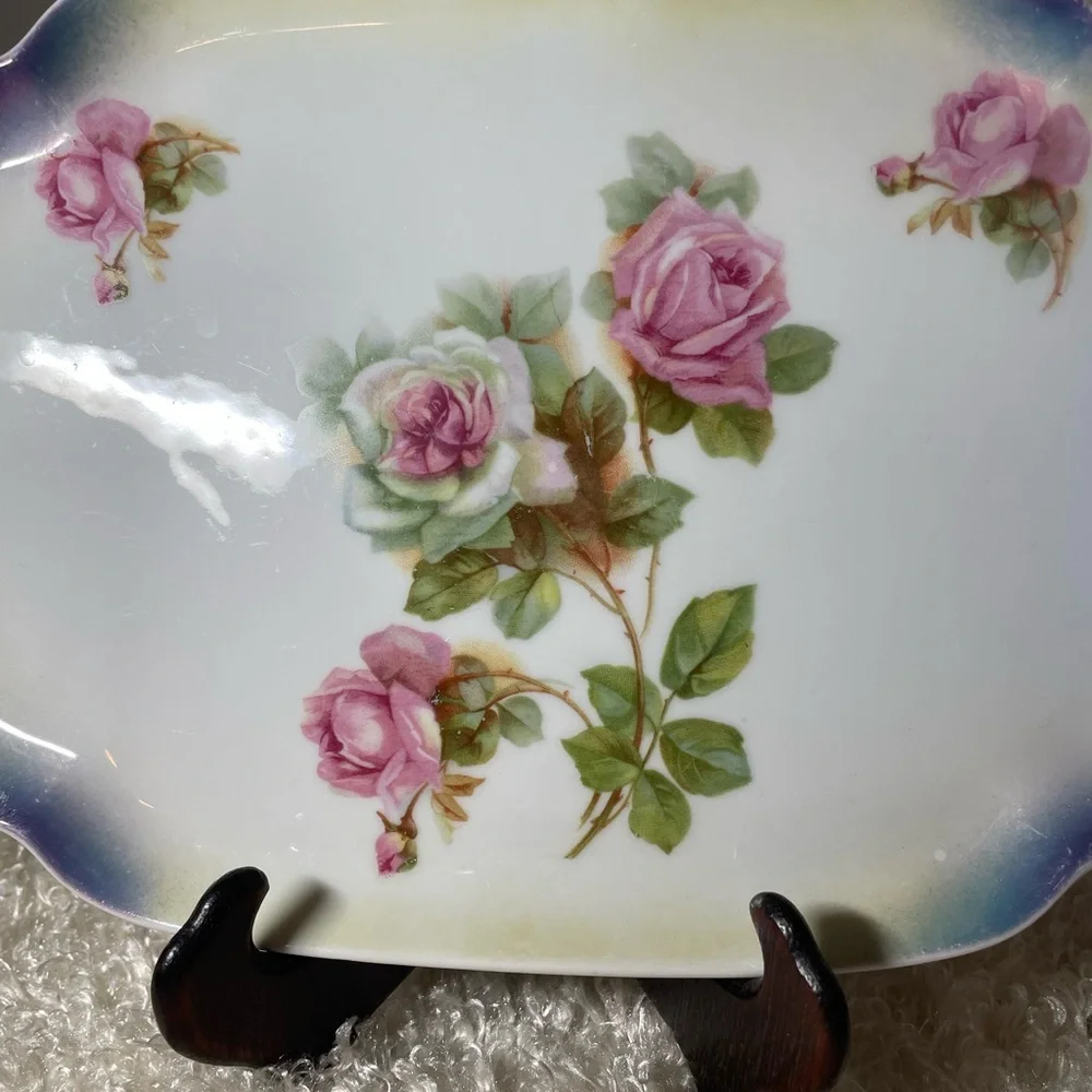 P K Silesia Pink Roses 10 Inch Dressing Table Tray Transferware Made in Germany